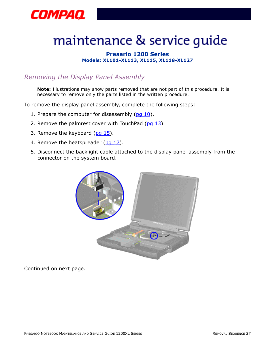 Removing the display panel assembly, Presario 1200 series | Compaq XL118-XL127 User Manual | Page 107 / 132