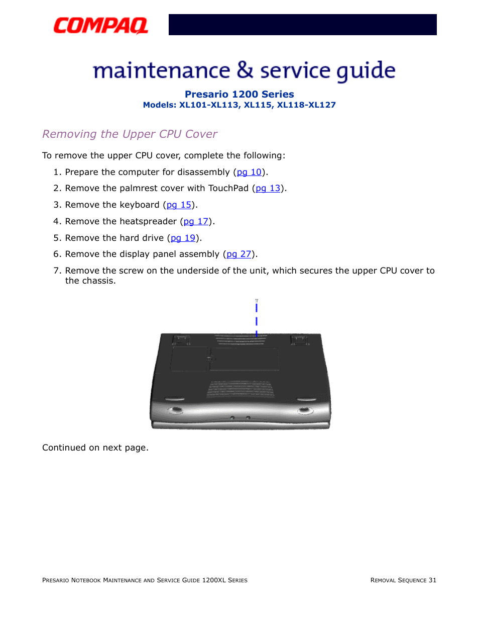 Removing the upper cpu cover, Presario 1200 series | Compaq XL118-XL127 User Manual | Page 111 / 132