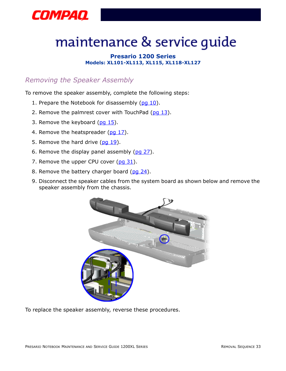 Removing the speaker assembly | Compaq XL118-XL127 User Manual | Page 113 / 132