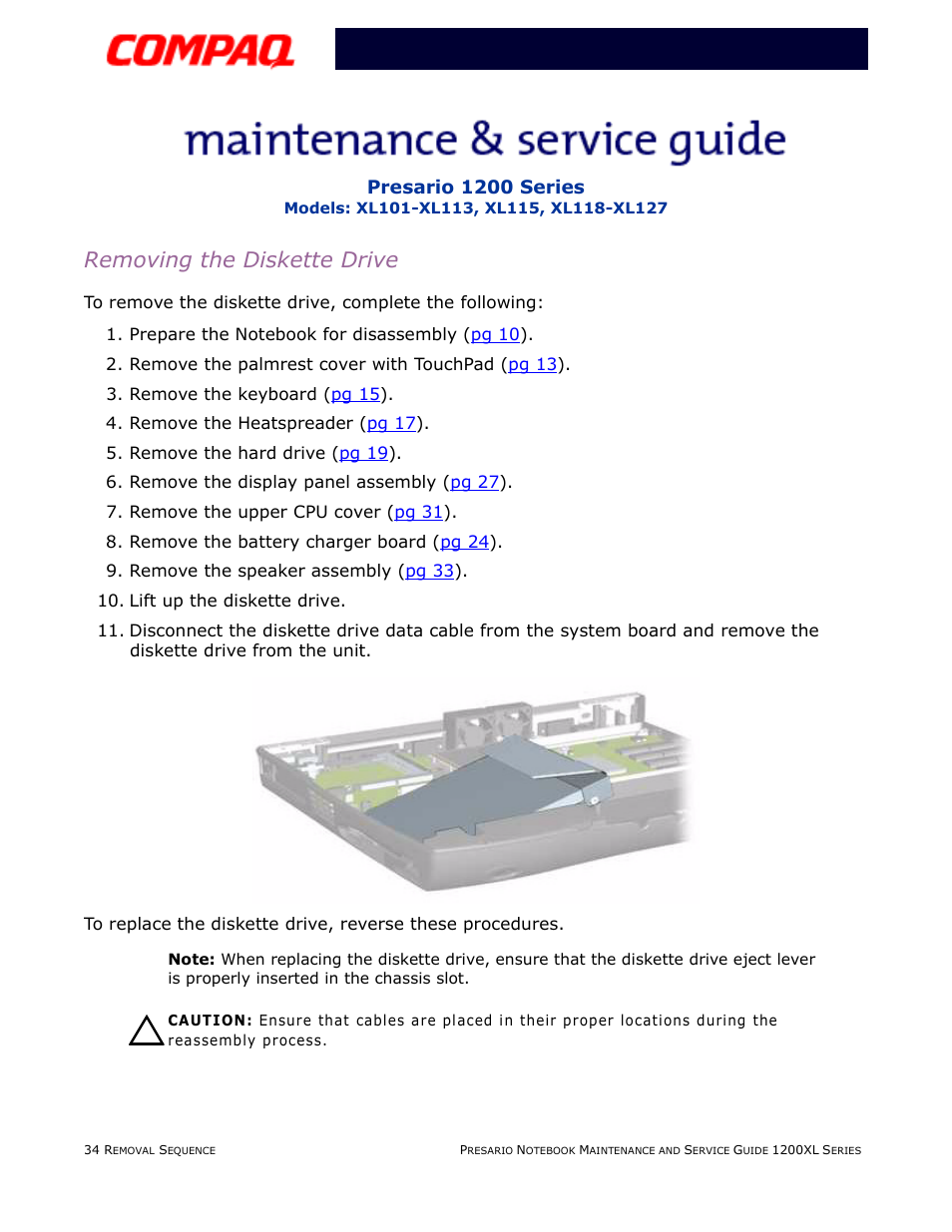 Removing the diskette drive | Compaq XL118-XL127 User Manual | Page 114 / 132