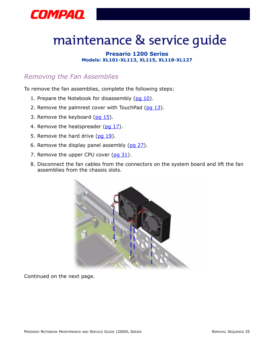 Removing the fan assemblies, Presario 1200 series | Compaq XL118-XL127 User Manual | Page 115 / 132