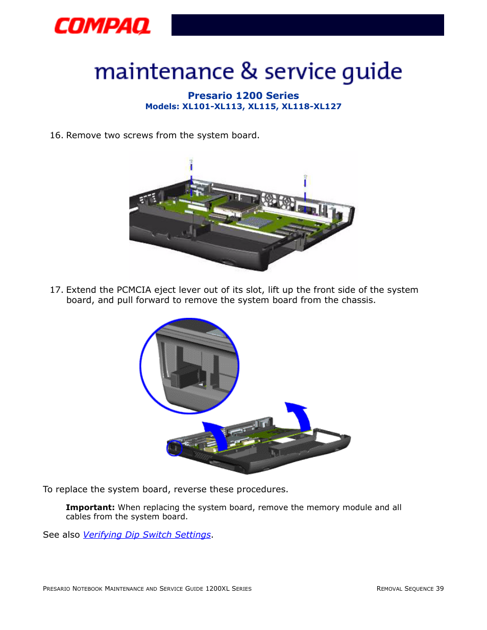 Presario 1200 series, See also verifying dip switch settings | Compaq XL118-XL127 User Manual | Page 119 / 132