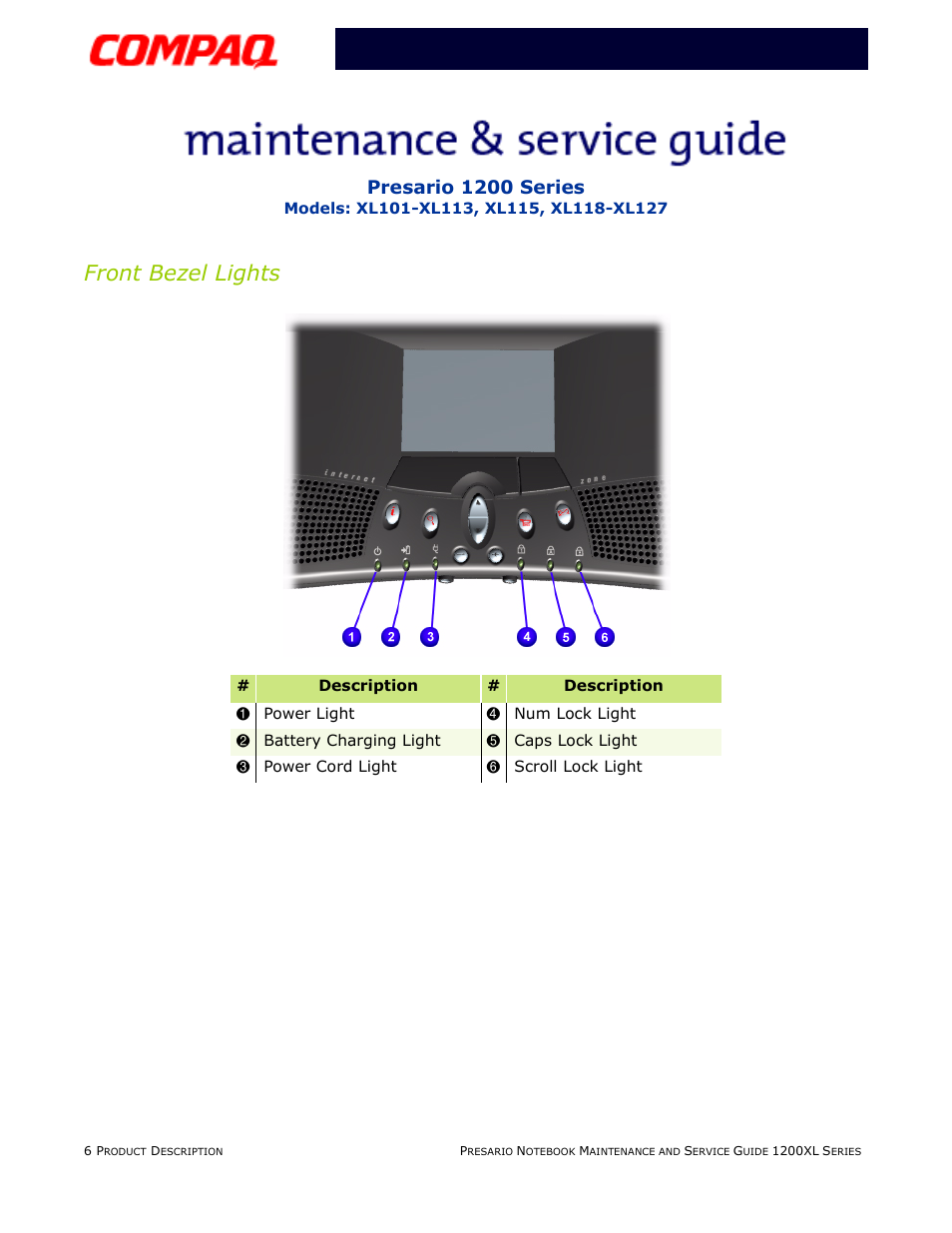 Front bezel lights, Presario 1200 series | Compaq XL118-XL127 User Manual | Page 12 / 132