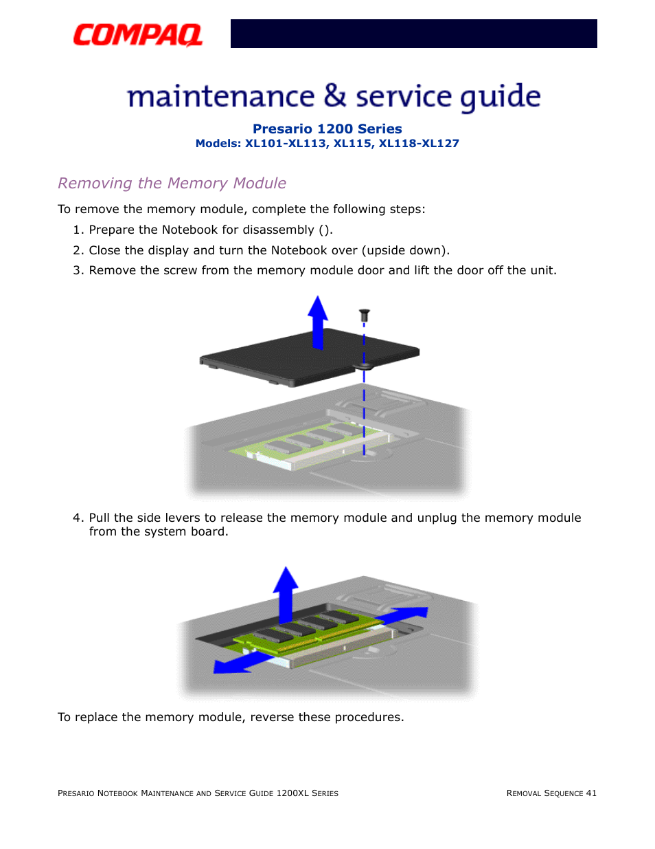 Removing the memory module, Presario 1200 series | Compaq XL118-XL127 User Manual | Page 121 / 132