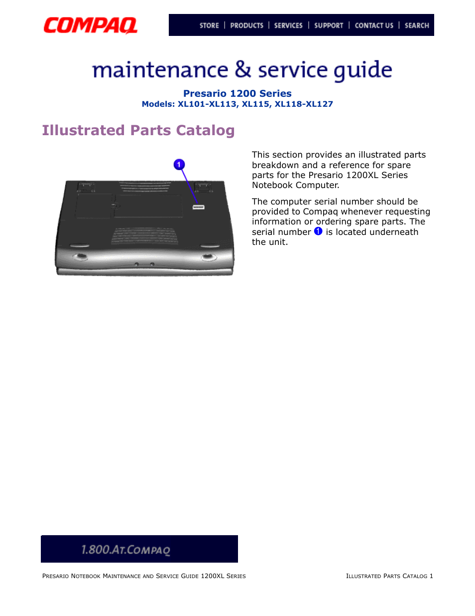 Illustrated parts catalog, Parts, Catalog | Presario 1200 series, Is located underneath the unit | Compaq XL118-XL127 User Manual | Page 123 / 132