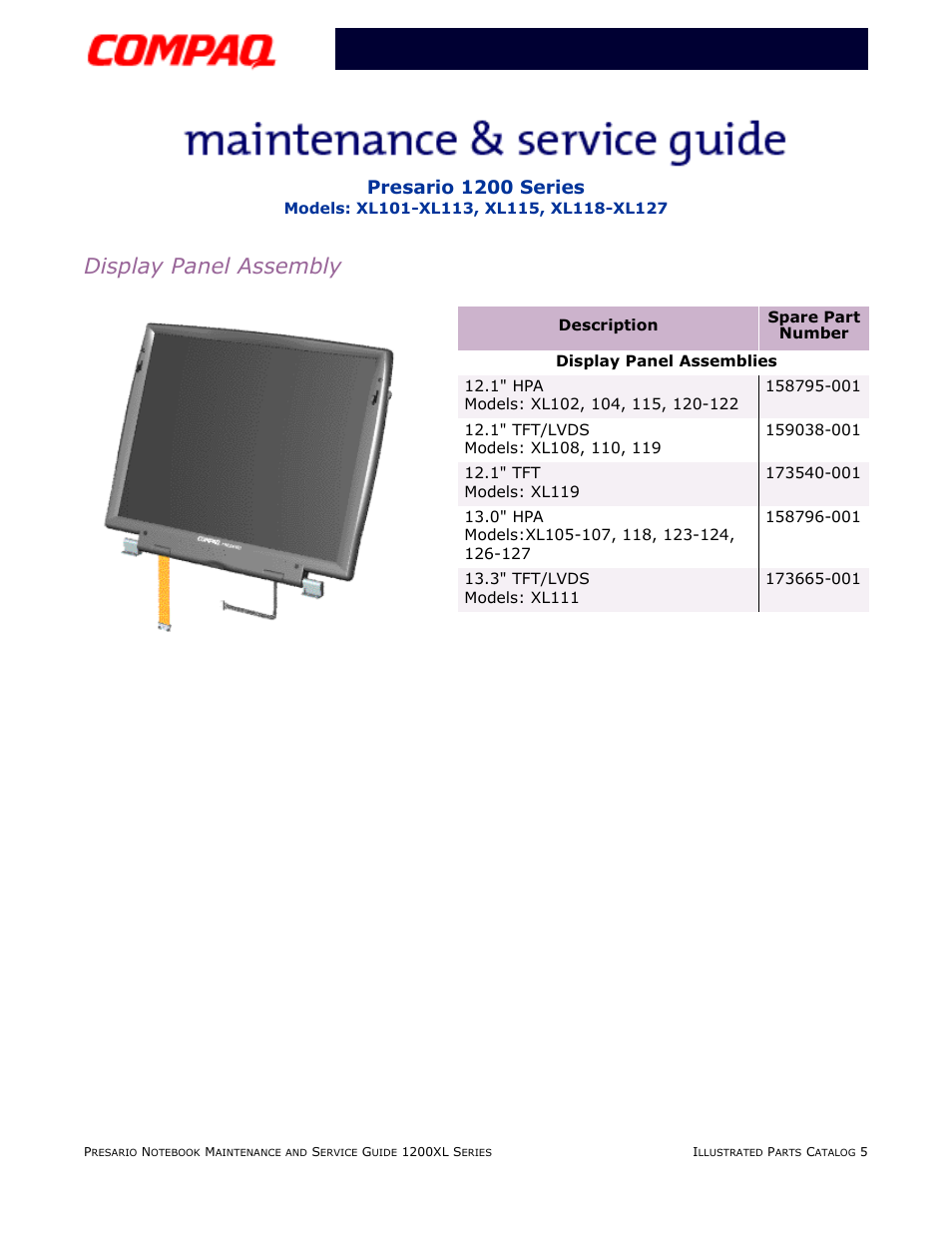 Display panel assembly, Presario 1200 series | Compaq XL118-XL127 User Manual | Page 127 / 132