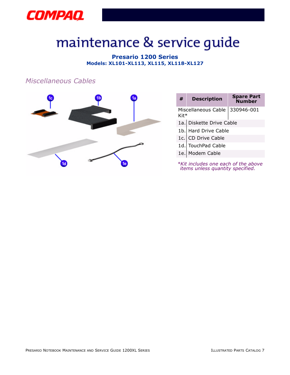 Miscellaneous cables, Presario 1200 series | Compaq XL118-XL127 User Manual | Page 129 / 132