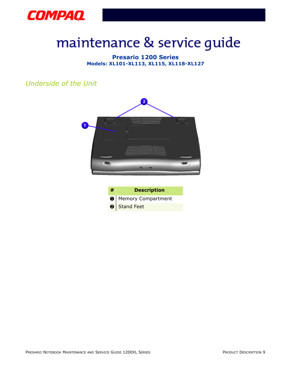 Underside of the unit, Presario 1200 series | Compaq XL118-XL127 User Manual | Page 15 / 132