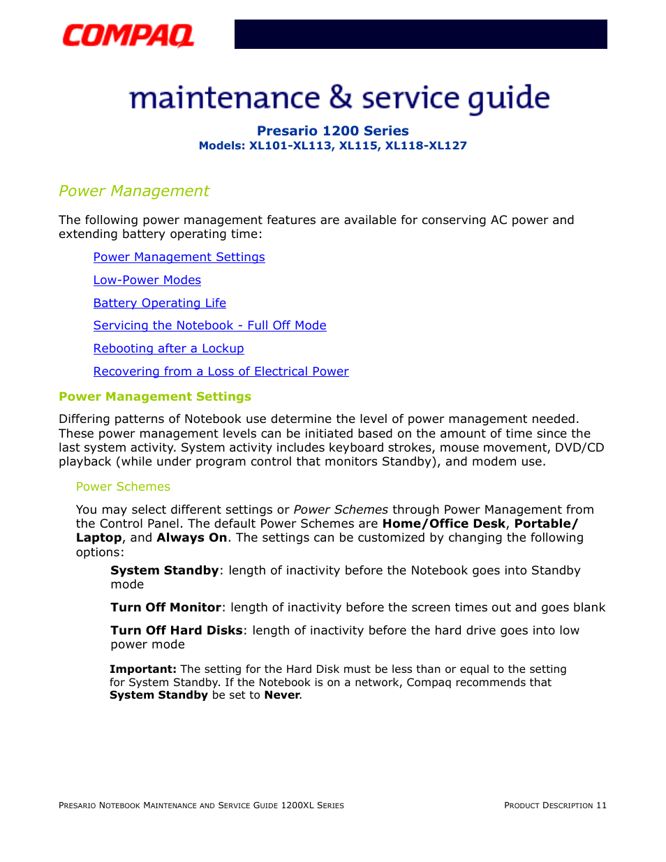 Power management, Power management settings, Power schemes | Compaq XL118-XL127 User Manual | Page 17 / 132