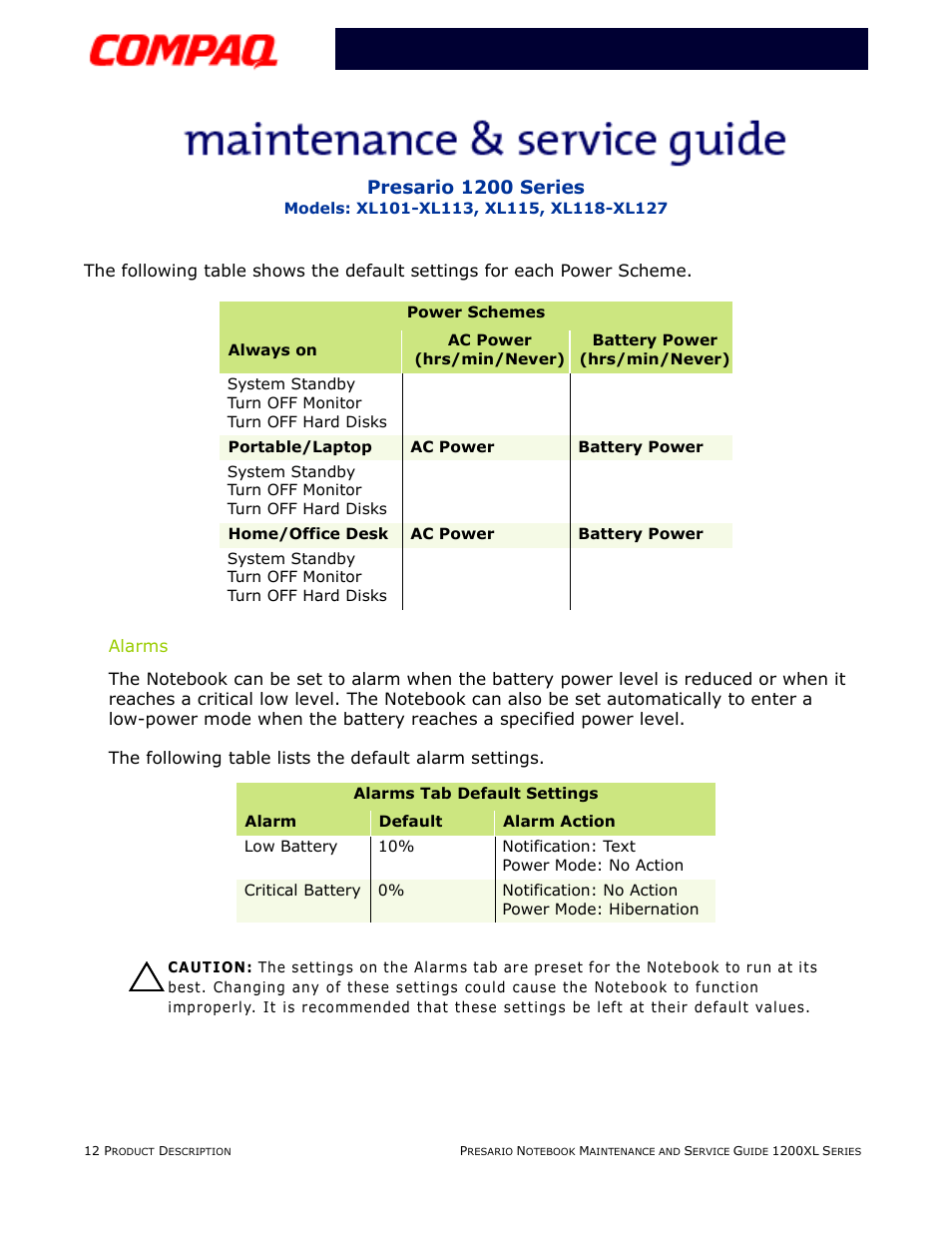 Alarms | Compaq XL118-XL127 User Manual | Page 18 / 132