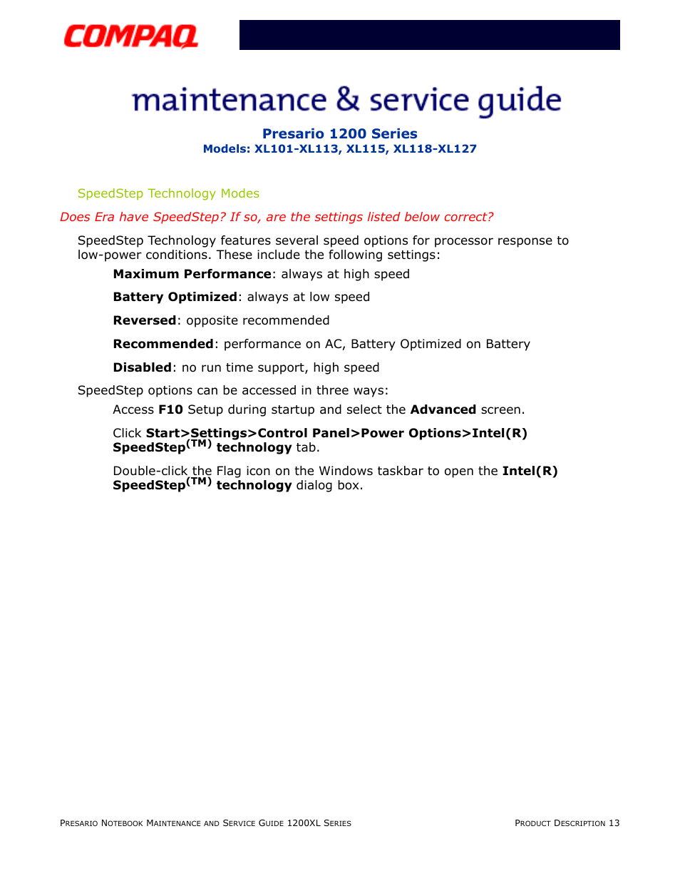 Speedstep technology modes, Presario 1200 series | Compaq XL118-XL127 User Manual | Page 19 / 132