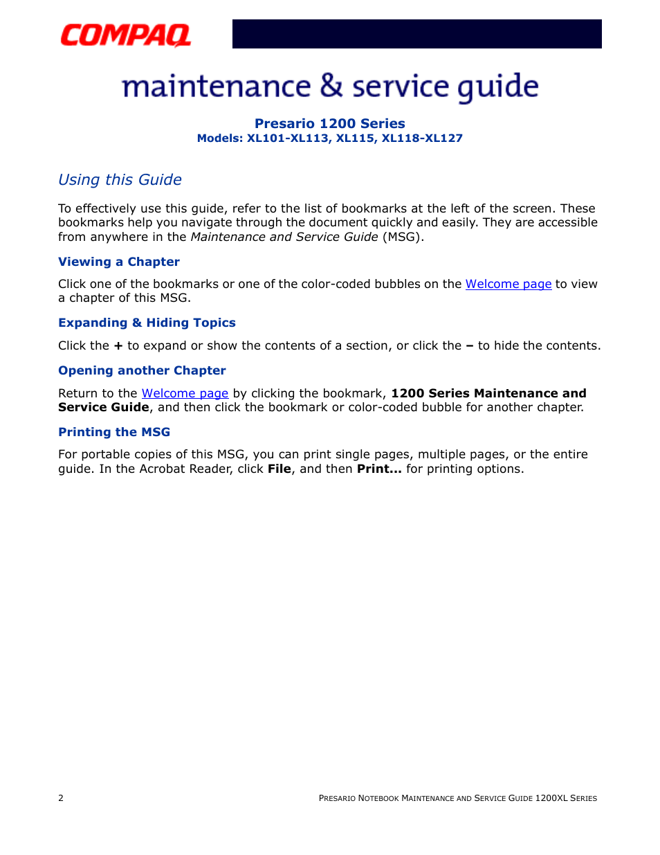 Using this guide, Viewing a chapter, Expanding & hiding topics | Opening another chapter, Printing the msg, R to, Presario 1200 series | Compaq XL118-XL127 User Manual | Page 2 / 132