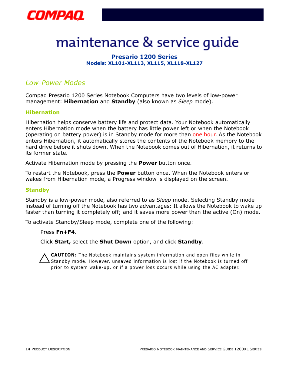 Low-power modes, Hibernation, Standby | Compaq XL118-XL127 User Manual | Page 20 / 132