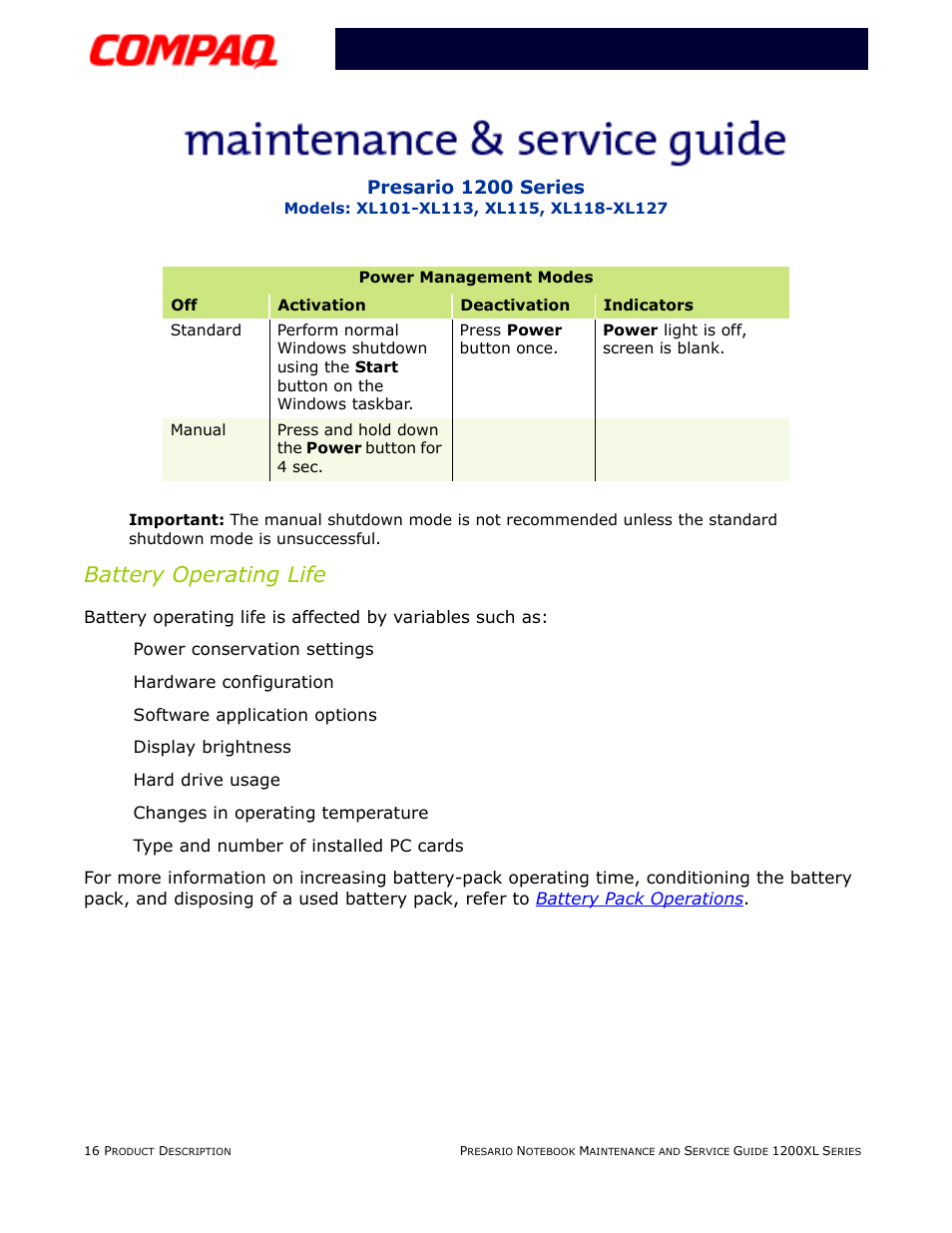 Battery operating life, Presario 1200 series | Compaq XL118-XL127 User Manual | Page 22 / 132