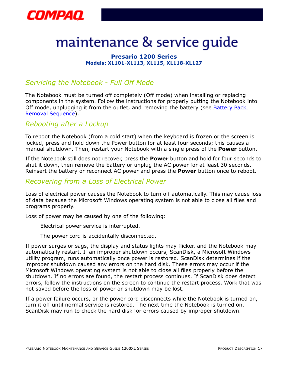 Servicing the notebook - full off mode, Rebooting after a lockup, Recovering from a loss of electrical power | Compaq XL118-XL127 User Manual | Page 23 / 132