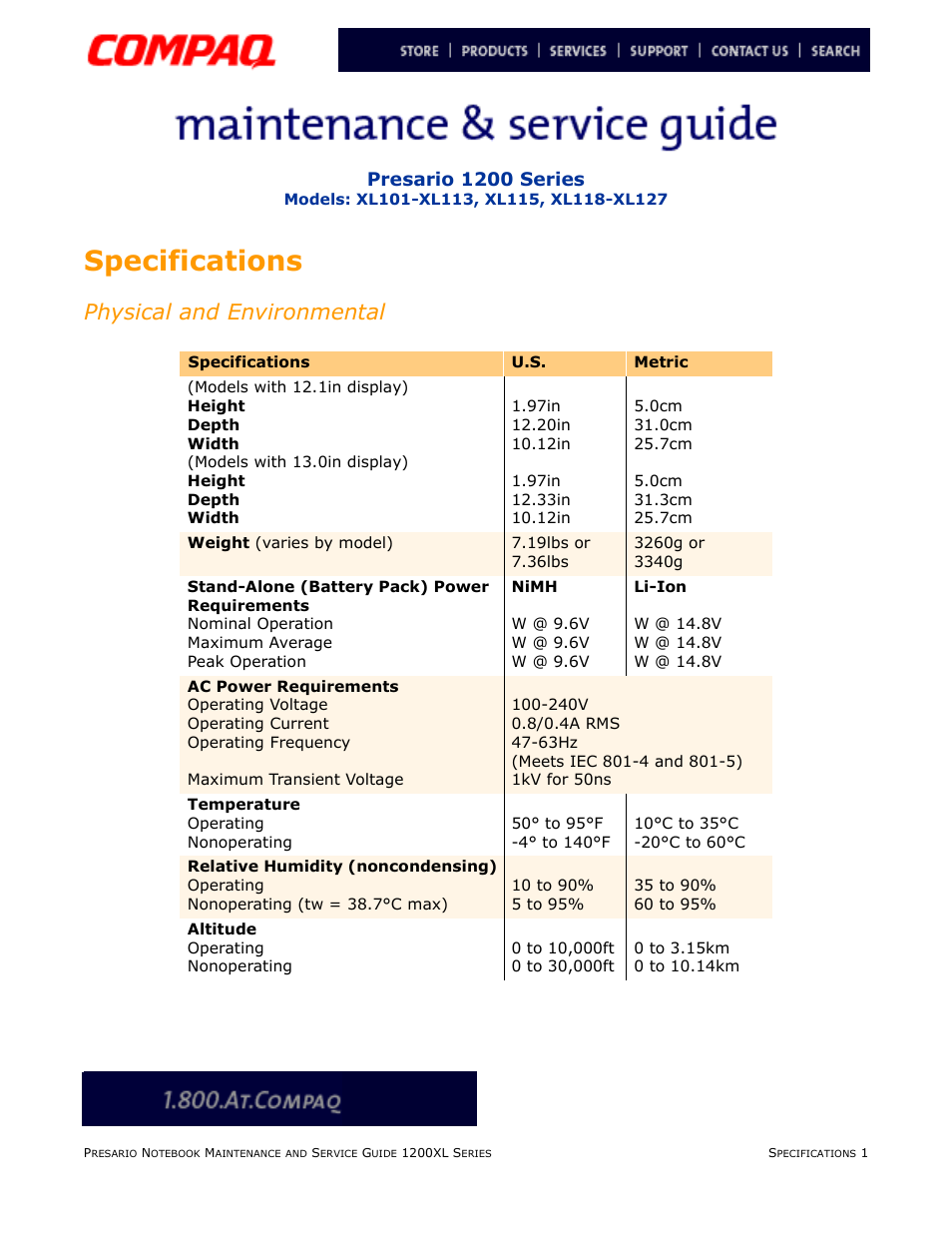 Specifications, Physical and environmental, Presario 1200 series | Compaq XL118-XL127 User Manual | Page 25 / 132