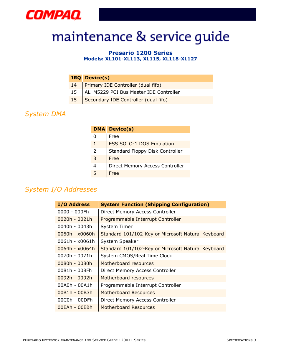 System dma, System i/o addresses, System dma system i/o addresses | Presario 1200 series | Compaq XL118-XL127 User Manual | Page 27 / 132
