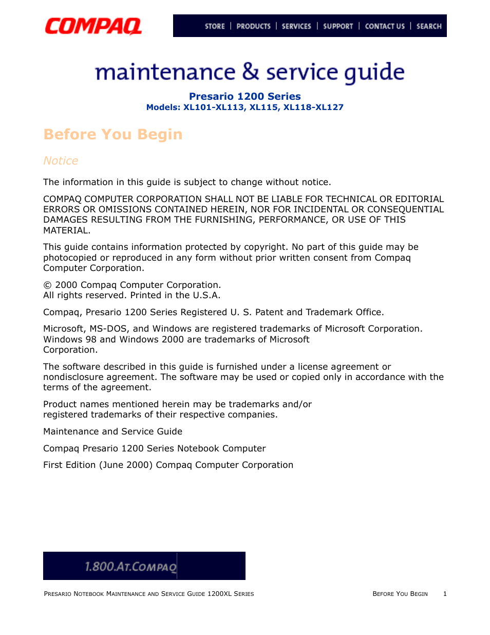 Before you begin, Notice, Before you | Begin, Presario 1200 series | Compaq XL118-XL127 User Manual | Page 3 / 132