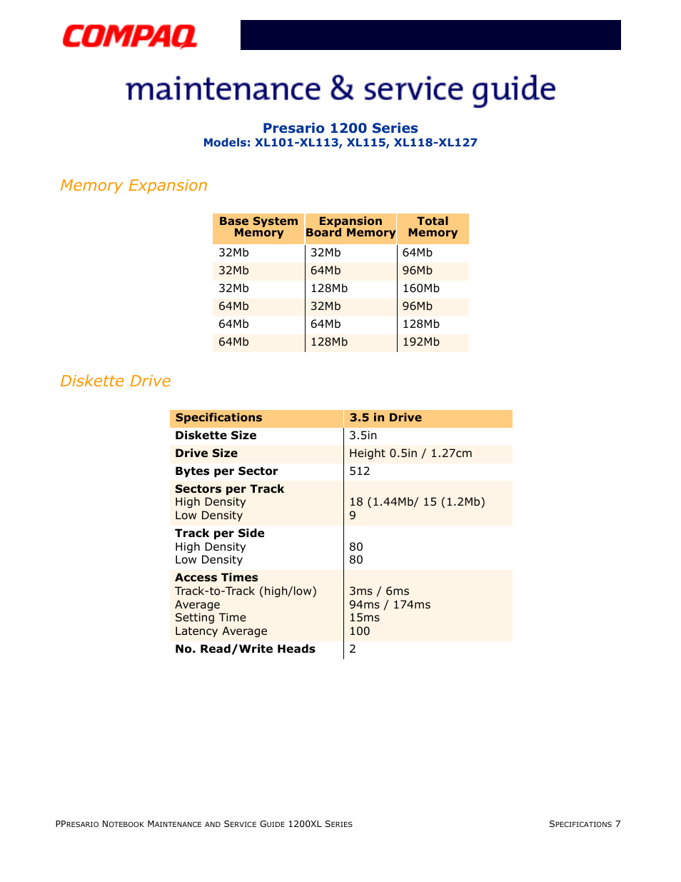 Memory expansion, Diskette drive, Presario 1200 series | Compaq XL118-XL127 User Manual | Page 31 / 132