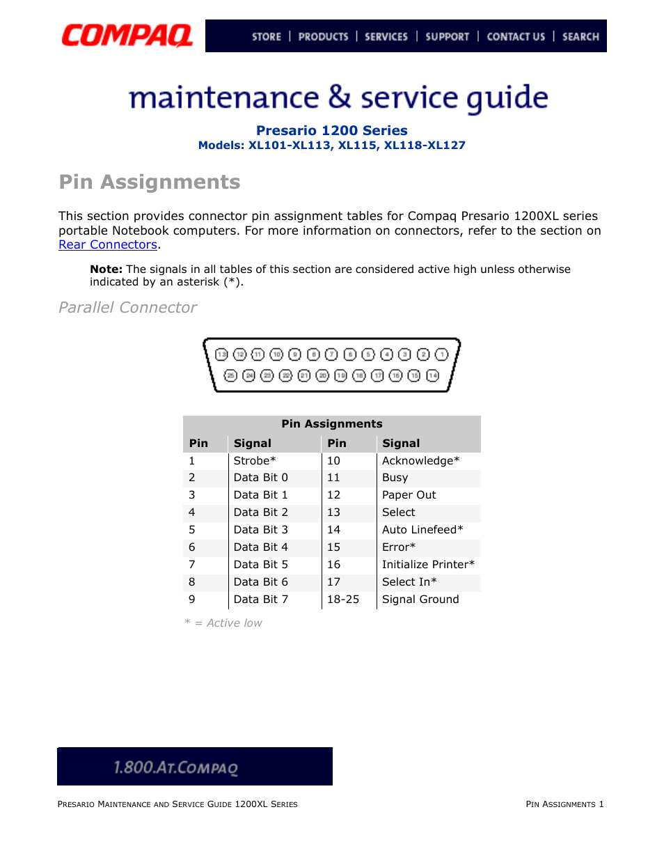 Pin assignments, Parallel connector, Assignments | Presario 1200 series | Compaq XL118-XL127 User Manual | Page 35 / 132