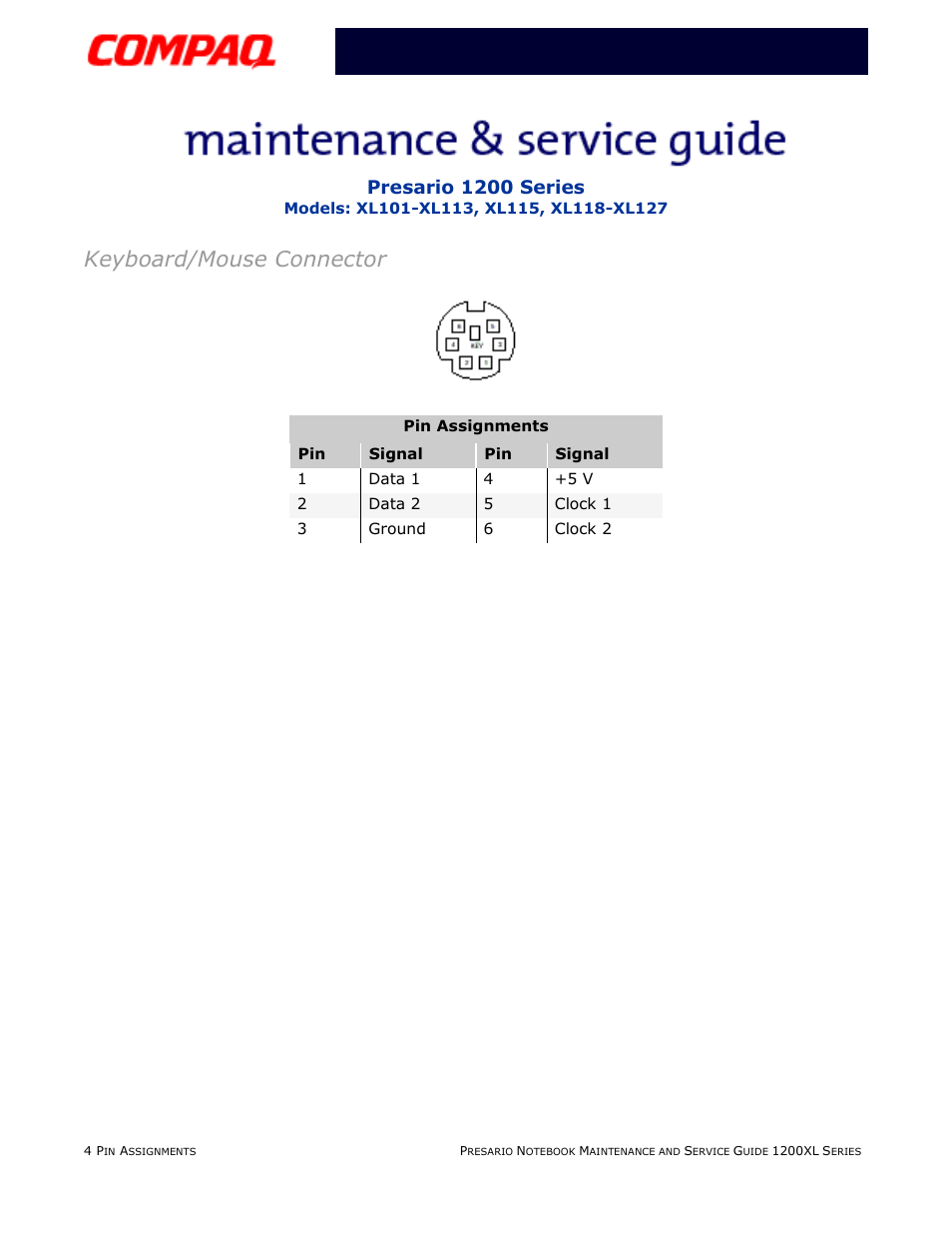 Keyboard/mouse connector, Presario 1200 series | Compaq XL118-XL127 User Manual | Page 38 / 132
