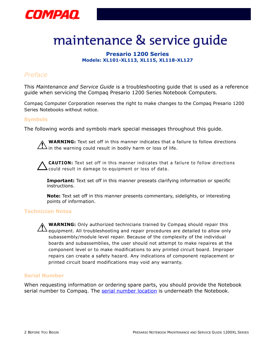 Preface, Symbols, Technician notes | Serial number | Compaq XL118-XL127 User Manual | Page 4 / 132