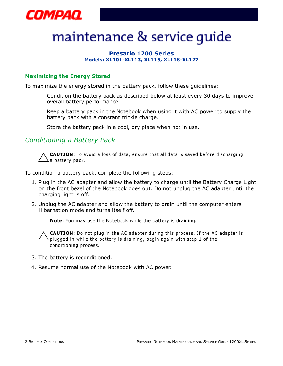 Maximizing the energy stored, Conditioning a battery pack | Compaq XL118-XL127 User Manual | Page 40 / 132