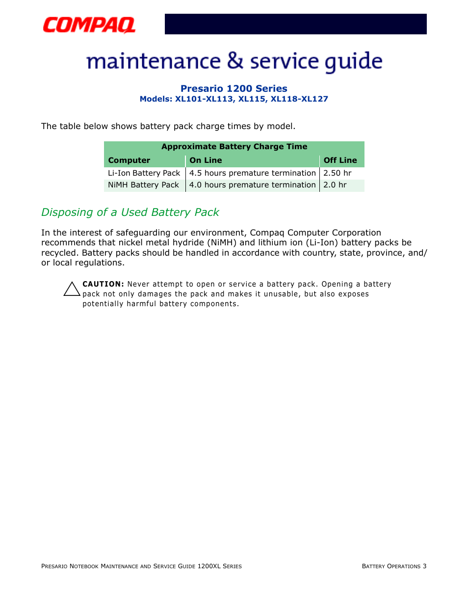 Disposing of a used battery pack, Presario 1200 series | Compaq XL118-XL127 User Manual | Page 41 / 132