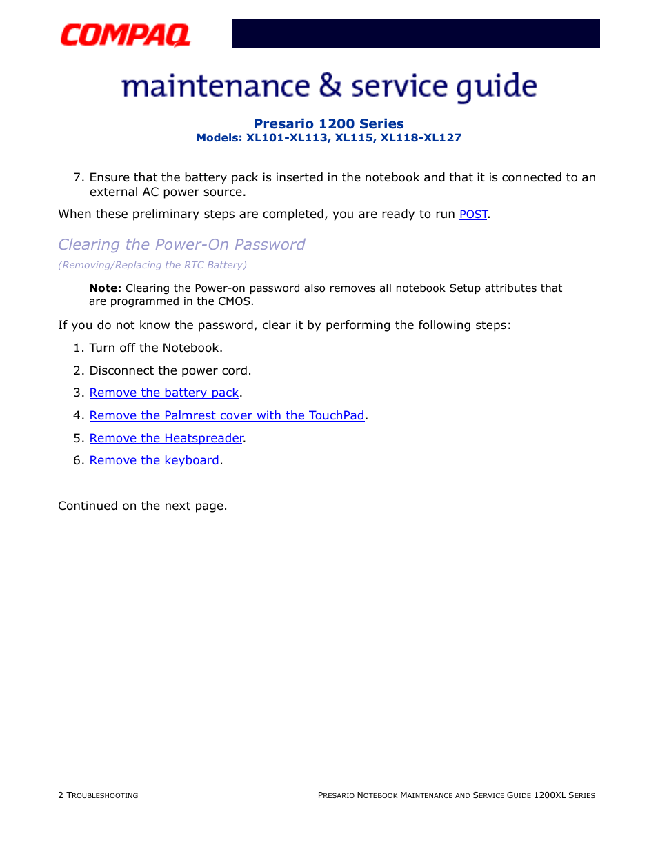 Clearing the power-on password, Clearing the power-on, Password | Presario 1200 series | Compaq XL118-XL127 User Manual | Page 44 / 132