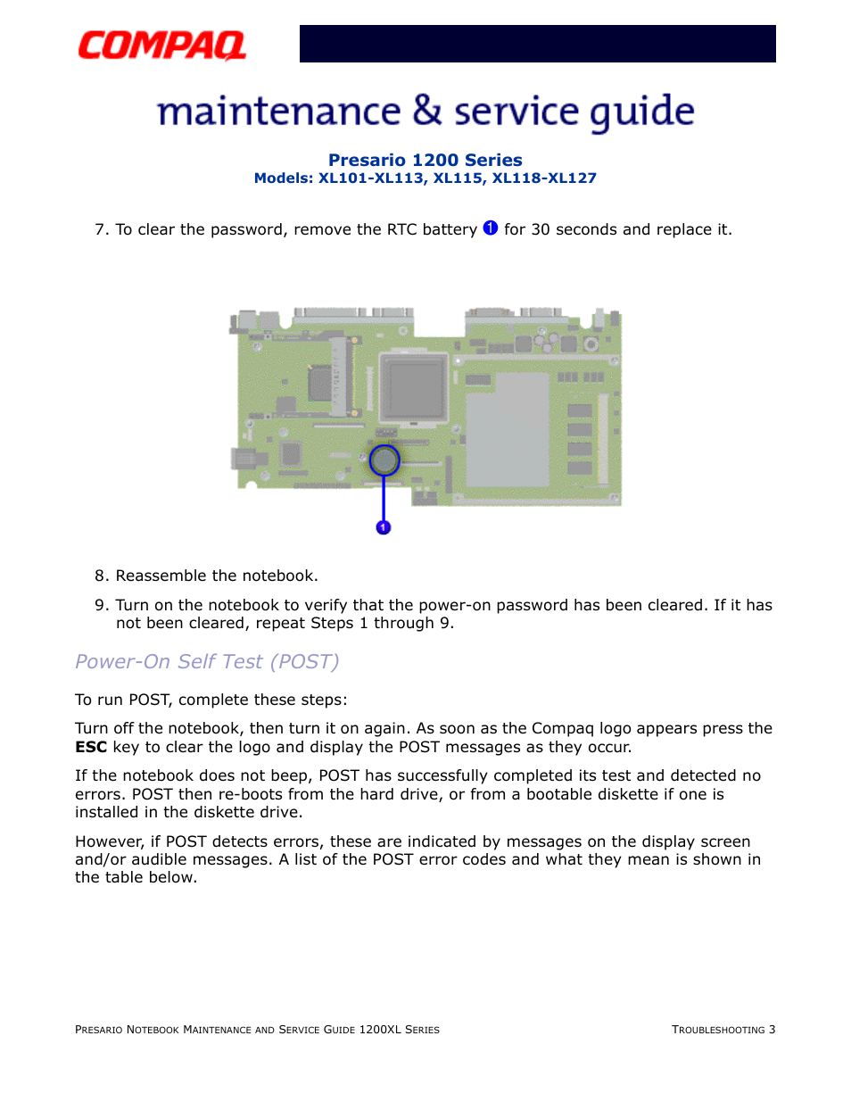 Power-on self test (post), Running, Presario 1200 series | Compaq XL118-XL127 User Manual | Page 45 / 132