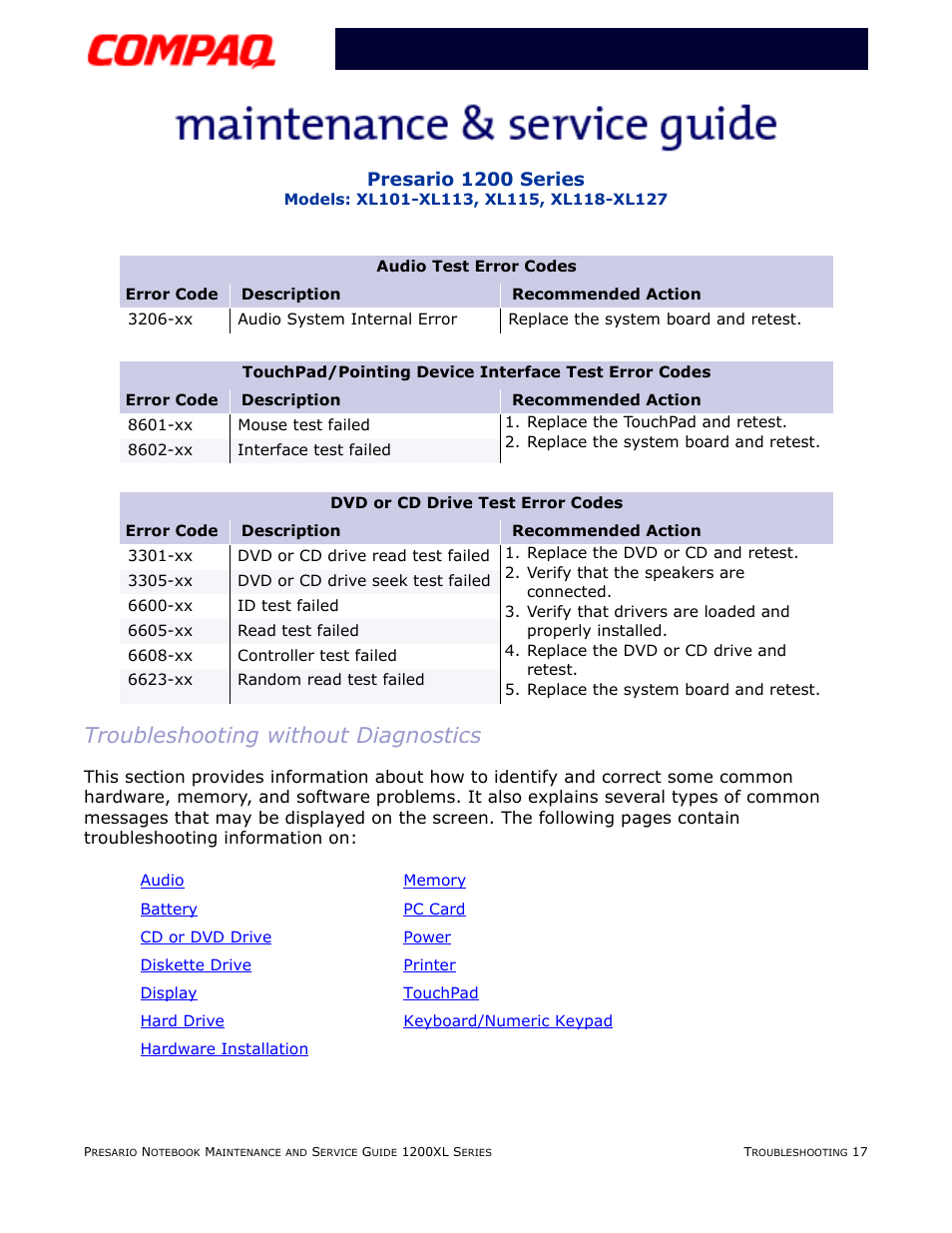 Troubleshooting without diagnostics, Pg 17, Presario 1200 series | Compaq XL118-XL127 User Manual | Page 59 / 132