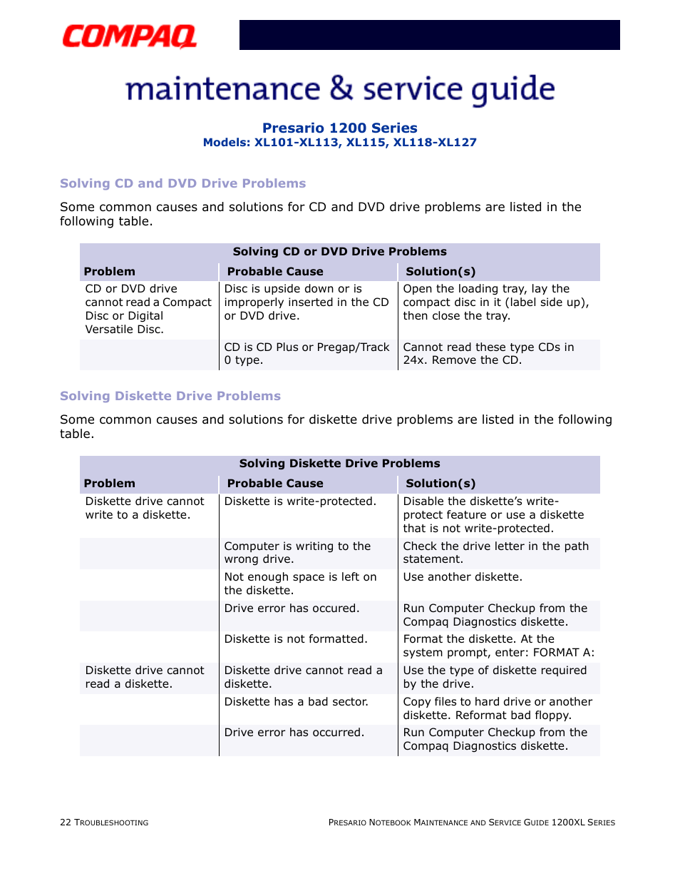 Solving cd and dvd drive problems, Solving diskette drive problems, Cd or dvd drive | Diskette drive, Presario 1200 series | Compaq XL118-XL127 User Manual | Page 64 / 132