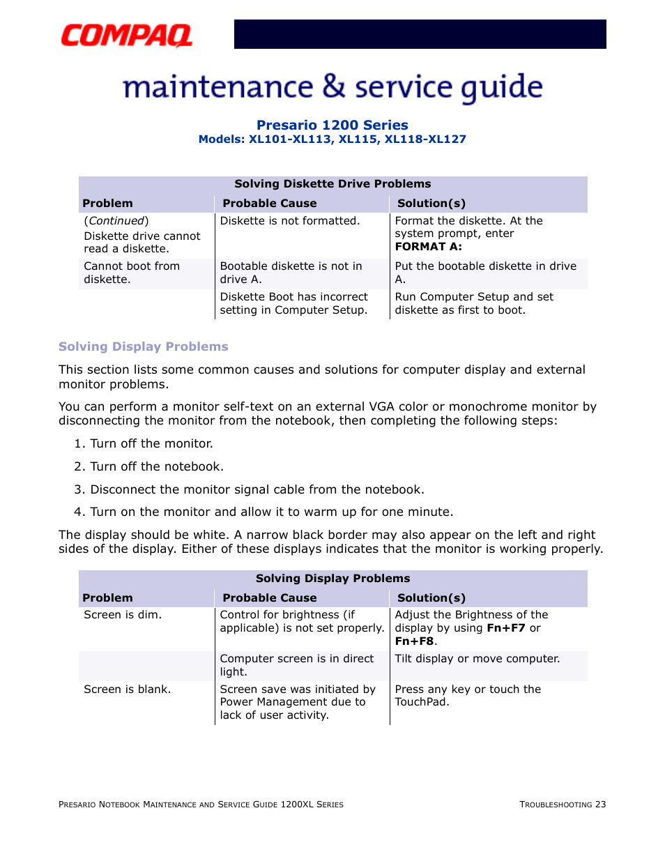 Solving display problems, Display, Presario 1200 series | Compaq XL118-XL127 User Manual | Page 65 / 132