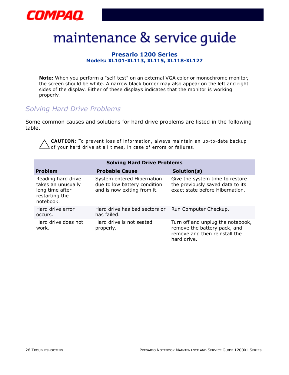 Solving hard drive problems, Hard drive, Presario 1200 series | Compaq XL118-XL127 User Manual | Page 68 / 132