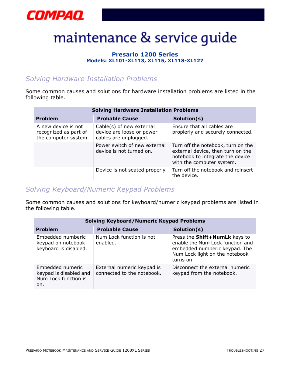 Solving hardware installation problems, Solving keyboard/numeric keypad problems, Keyboard/numeric keypad | Hardware installation, Presario 1200 series | Compaq XL118-XL127 User Manual | Page 69 / 132