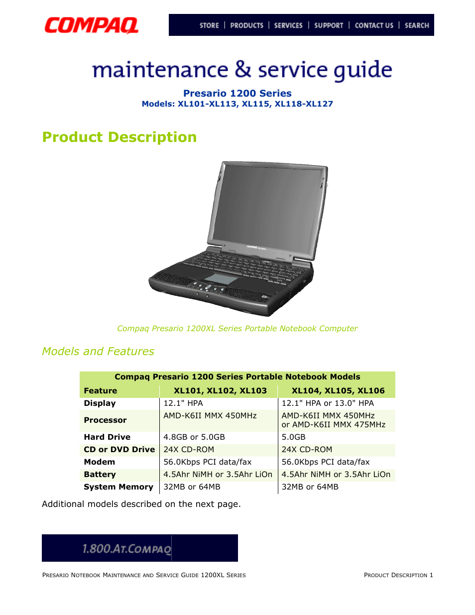 Product description, Models and features, Product | Description, Presario 1200 series | Compaq XL118-XL127 User Manual | Page 7 / 132