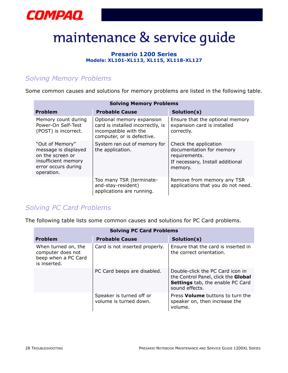 Solving memory problems, Solving pc card problems, Memory | Pc card, Presario 1200 series | Compaq XL118-XL127 User Manual | Page 70 / 132