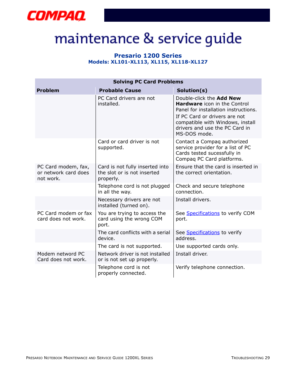 Presario 1200 series | Compaq XL118-XL127 User Manual | Page 71 / 132