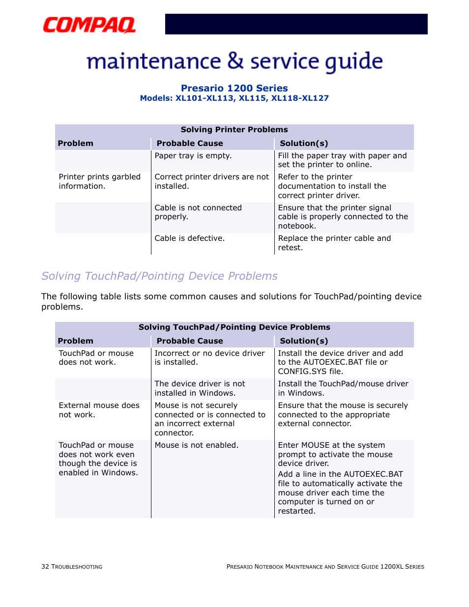 Solving touchpad/pointing device problems, Touchpad, Presario 1200 series | Compaq XL118-XL127 User Manual | Page 74 / 132