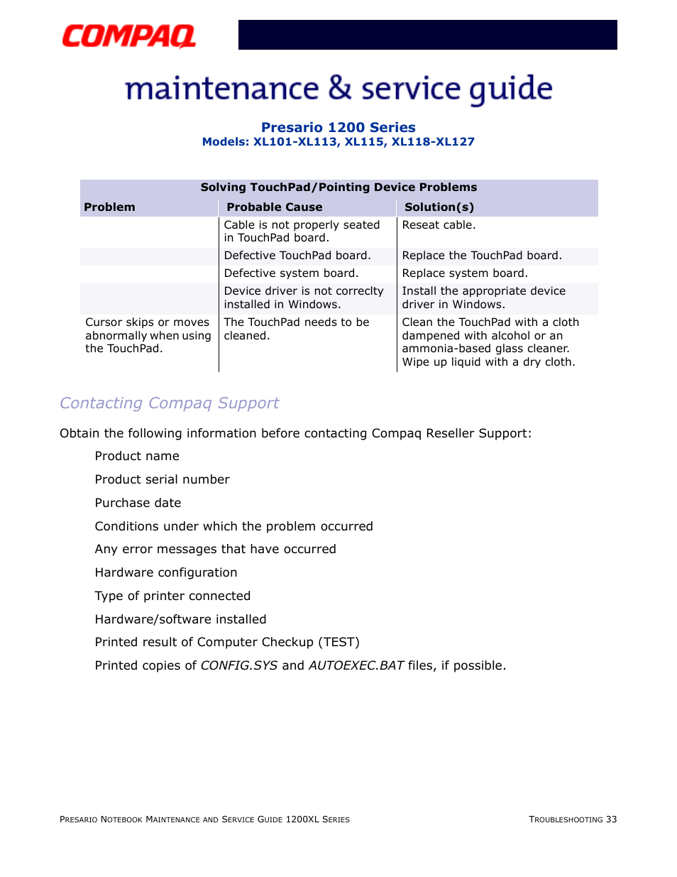 Contacting compaq support | Compaq XL118-XL127 User Manual | Page 75 / 132