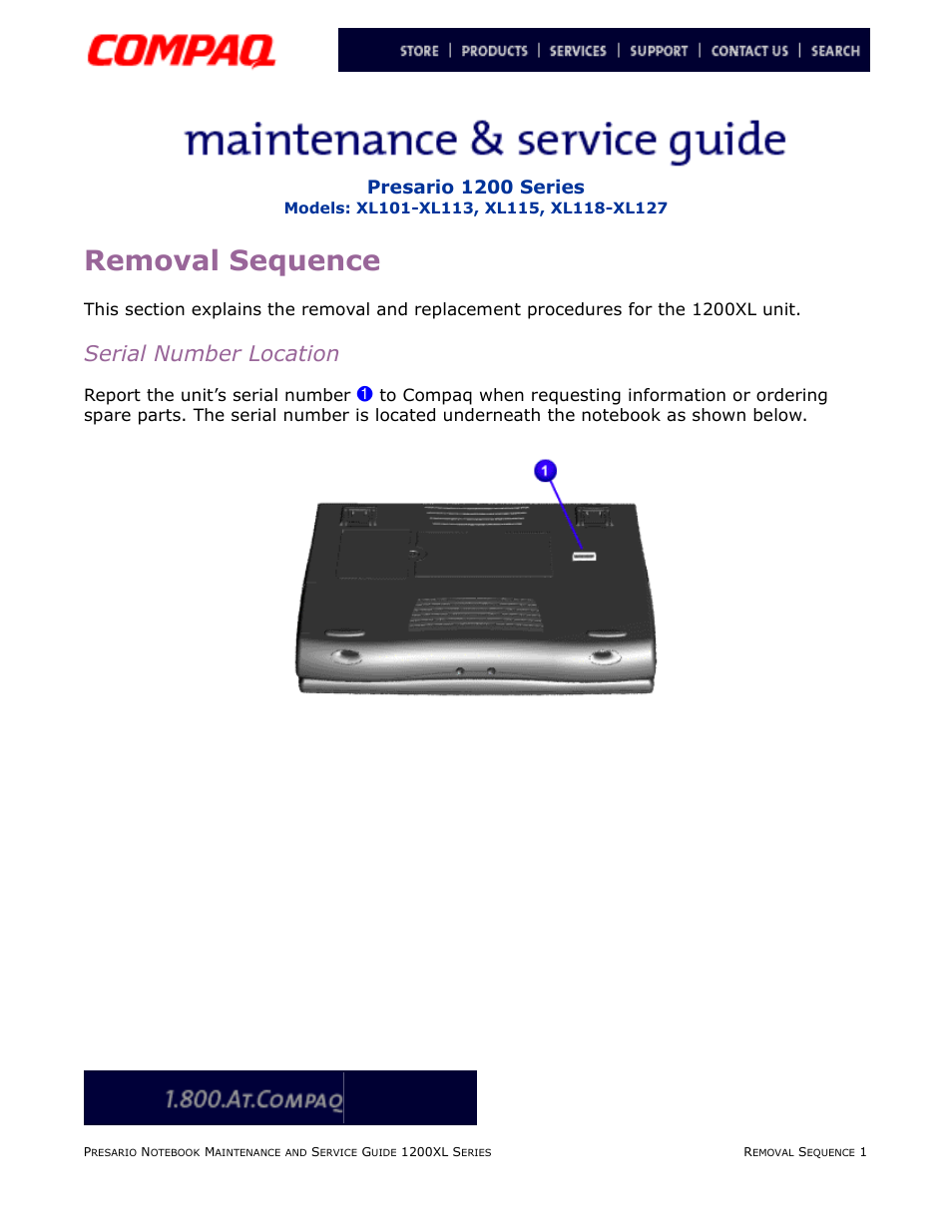 Removal sequence, Serial number location, Removal | Sequence, Presario 1200 series, Report the unit’s serial number | Compaq XL118-XL127 User Manual | Page 81 / 132