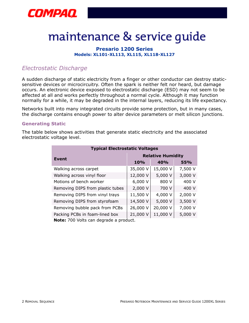 Electrostatic discharge, Generating static, Presario 1200 series | Compaq XL118-XL127 User Manual | Page 82 / 132