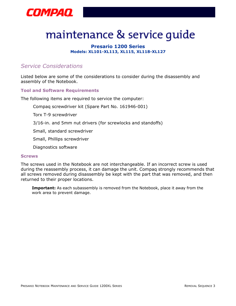 Service considerations, Tool and software requirements, Screws | Presario 1200 series | Compaq XL118-XL127 User Manual | Page 83 / 132
