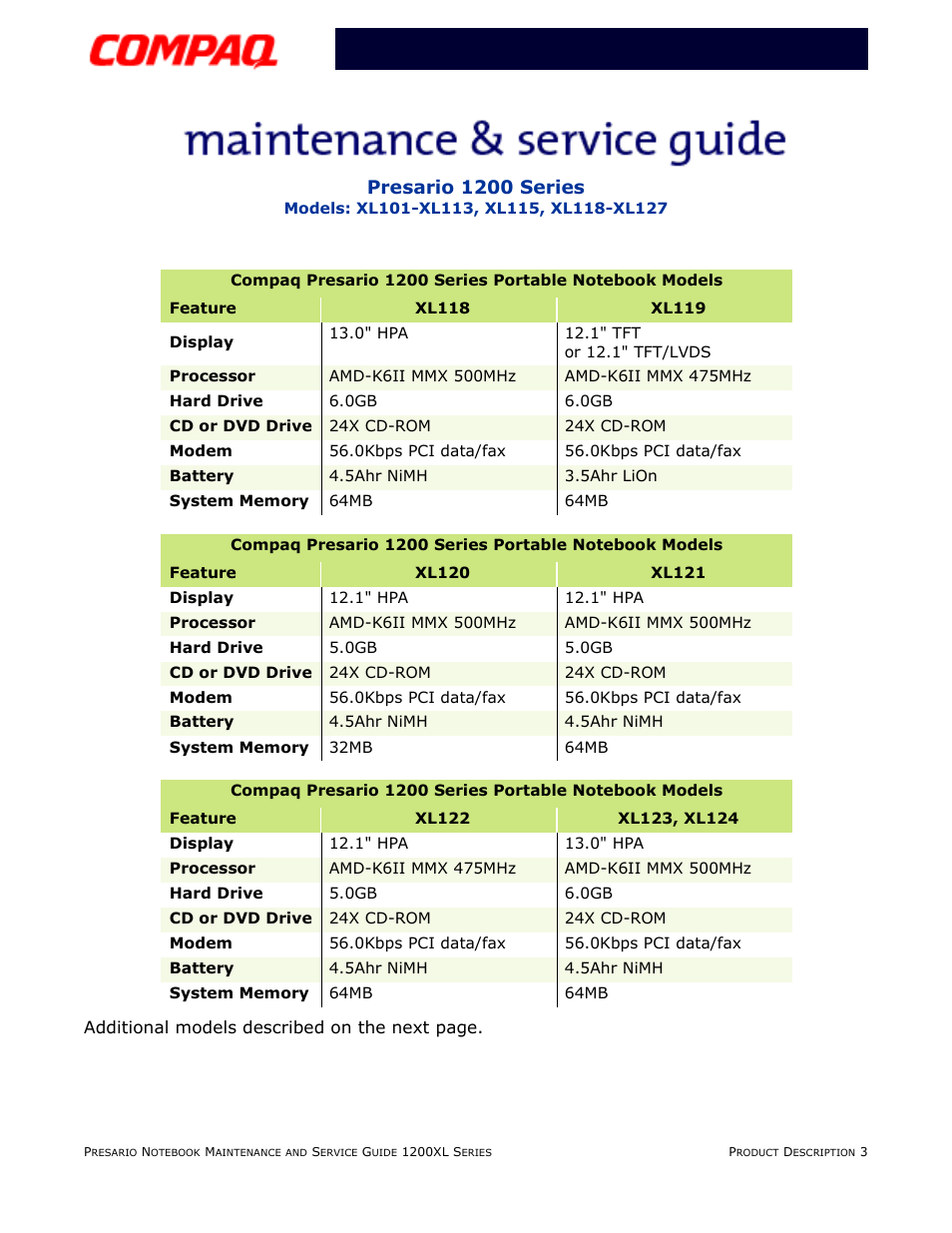 Presario 1200 series | Compaq XL118-XL127 User Manual | Page 9 / 132