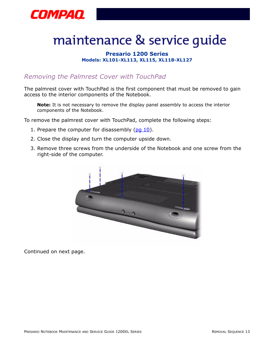 Removing the palmrest cover with touchpad, Presario 1200 series | Compaq XL118-XL127 User Manual | Page 93 / 132