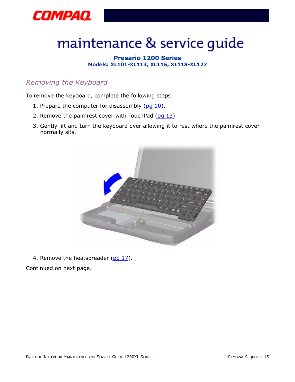 Removing the keyboard, Presario 1200 series | Compaq XL118-XL127 User Manual | Page 95 / 132