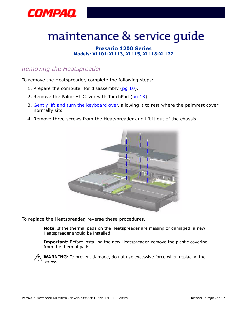 Removing the heatspreader, Pg 17, Presario 1200 series | Compaq XL118-XL127 User Manual | Page 97 / 132