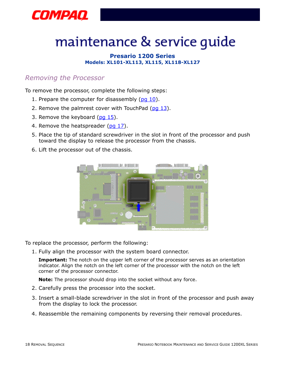 Removing the processor, Presario 1200 series | Compaq XL118-XL127 User Manual | Page 98 / 132