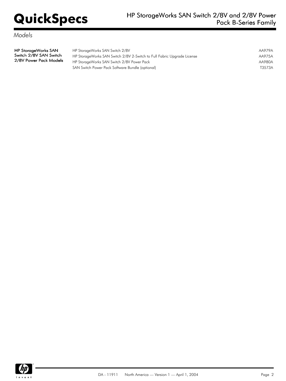 Models, Quickspecs, Hp storageworks san switch 2/8v and 2/8v power | Compaq 2/8V User Manual | Page 2 / 8