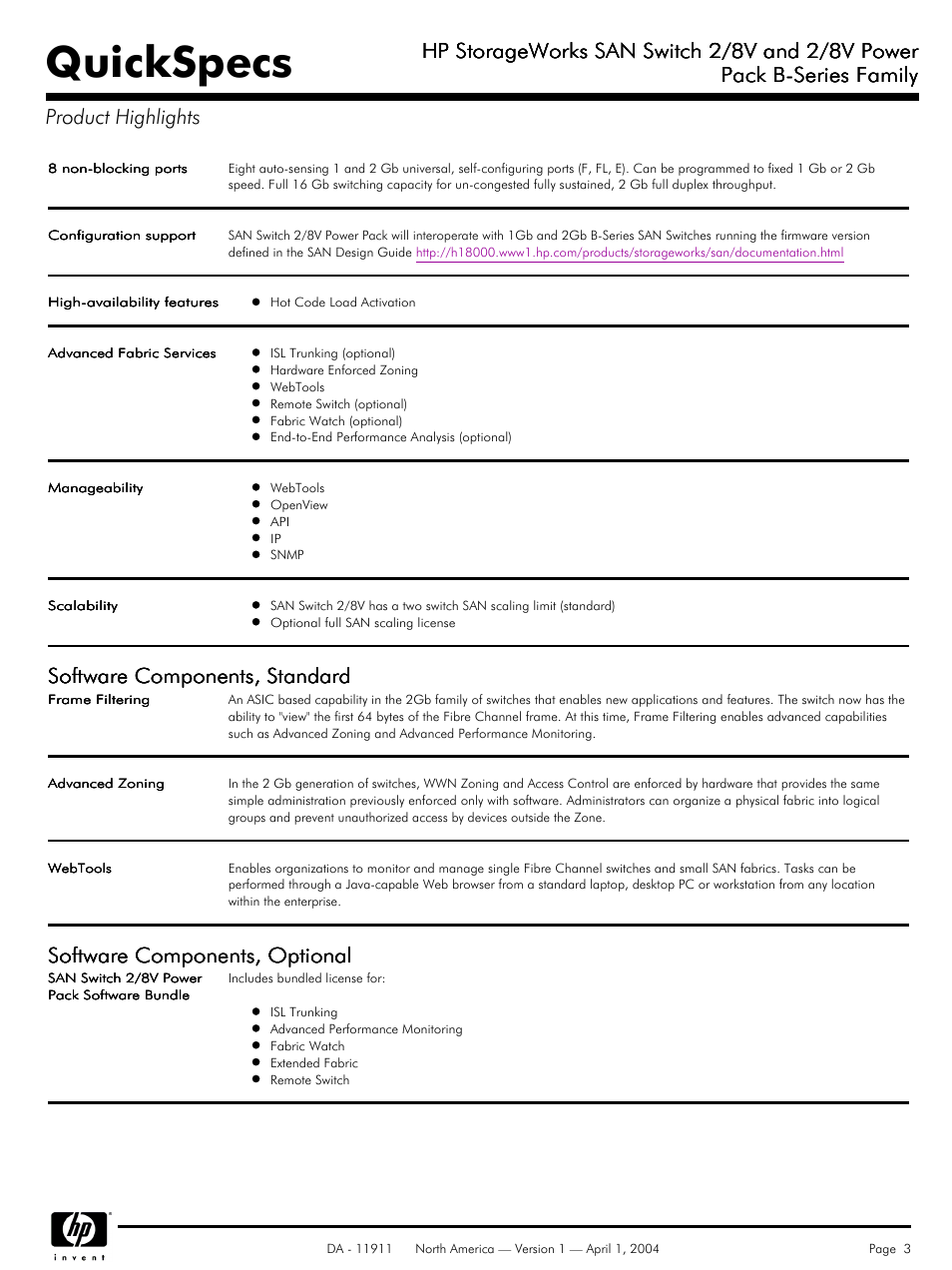 Product highlights, Quickspecs, Software components, standard | Software components, optional, Hp storageworks san switch 2/8v and 2/8v power | Compaq 2/8V User Manual | Page 3 / 8